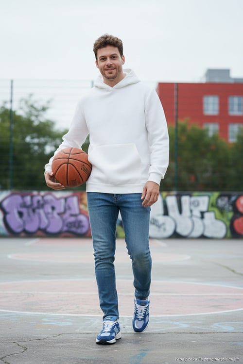 Regular Fit Kapüşonlu Kanguru Cepli İçi Tüylü Yumuşak Şardonlu Erkek Sweat 5905281 EKRU