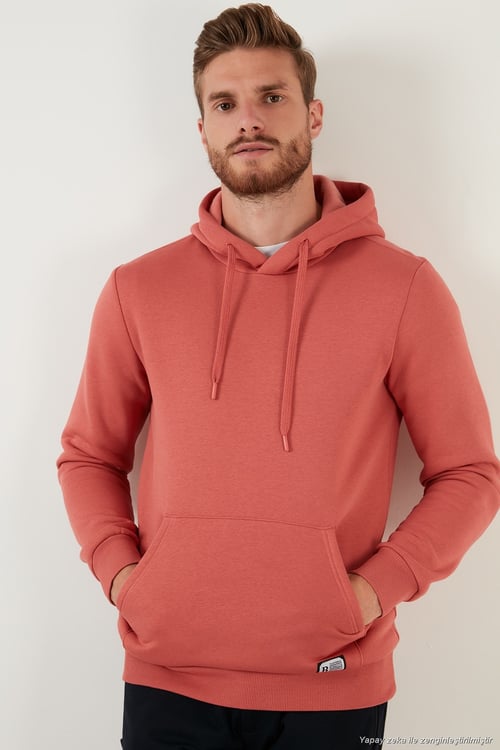 Regular Fit Kapüşonlu Kanguru Cepli İçi Tüylü Yumuşak Şardonlu Erkek Sweat 5905281 KİREMİT