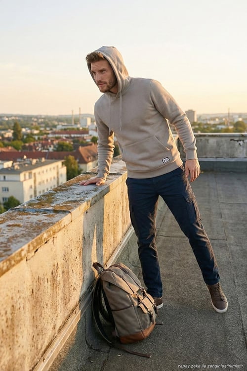 Regular Fit Kapüşonlu Kanguru Cepli İçi Tüylü Yumuşak Şardonlu Erkek Sweat 5905281 Kül
