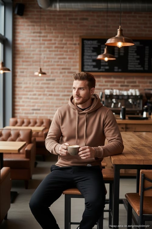 Regular Fit Kapüşonlu Kanguru Cepli İçi Tüylü Yumuşak Şardonlu Erkek Sweat 5905281 SÜTLÜ KAHVE