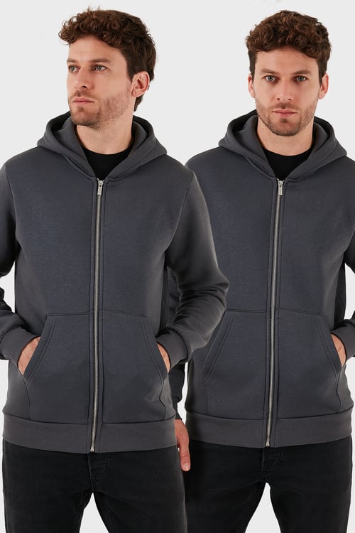 Regular Fit Kapüşonlu Kışlık 2'li Paket Erkek Sweat 5905340S2 Antrasit-Antrasit
