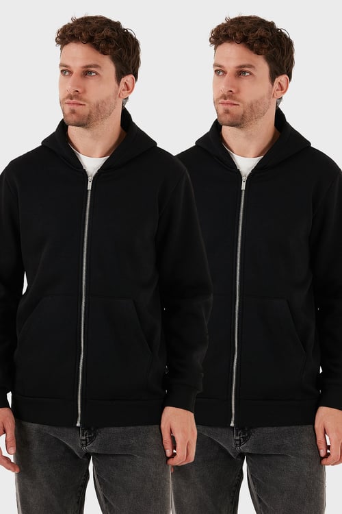 Regular Fit Kapüşonlu Kışlık 2'li Paket Erkek Sweat 5905340S2 SİYAH-SİYAH