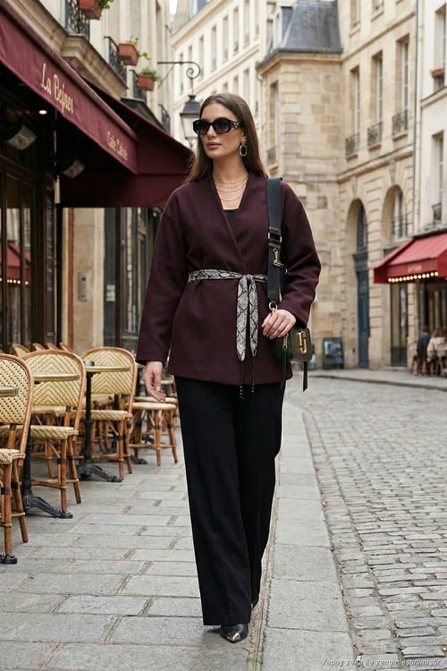 Regular Fit Kruvaze Yaka Fular Kemerli Blazer Kadın Ceket 6927673 MÜRDÜM