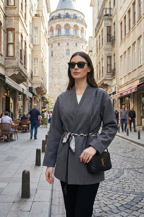Regular Fit Kruvaze Yaka Fular Kemerli Blazer Kadın Ceket 6927673 ANTRASİT