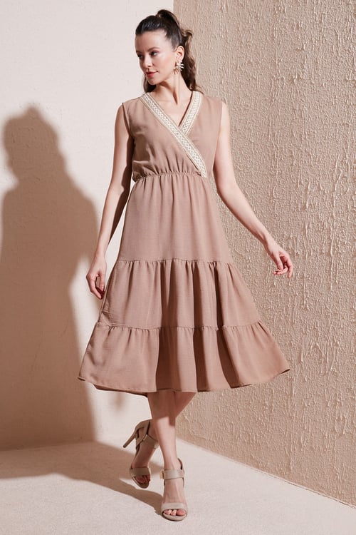 Regular Fit Kruvaze Yaka Midi Kadın Elbise 6118103 CAMEL