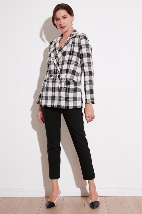 Regular Fit Kruvaze Yaka Tüvit Blazer Kadın Ceket 611CE0310 SİYAH