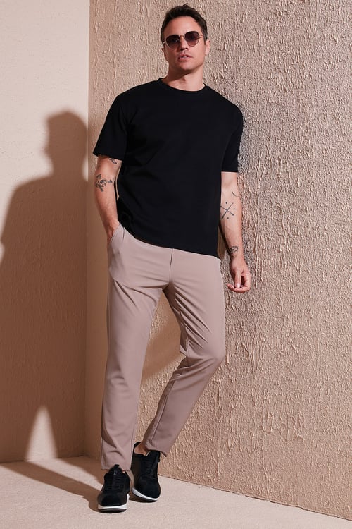 Regular Fit Normal Bel Düz Paça Bağlamalı Jogger Erkek Pantolon CF25617801 BEJ