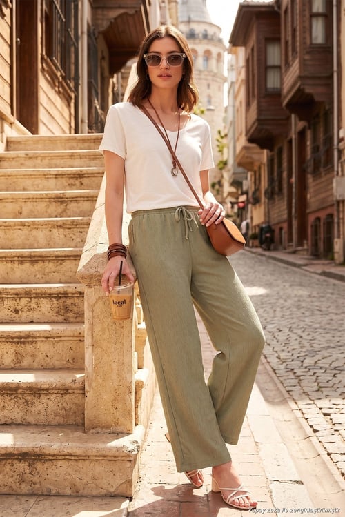 Regular Fit Normal Bel Geniş Paça Kadın Pantolon 5866117 Olive