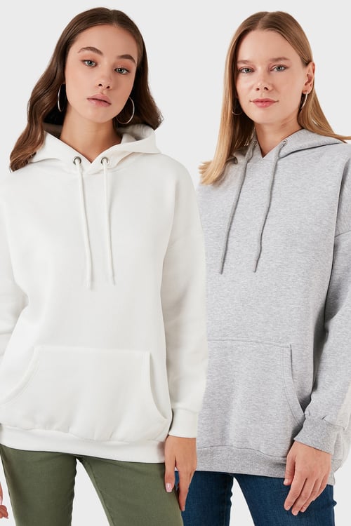 Regular Fit Pamuklu Kapüşonlu Yaka Şardonlu Kışlık 2'li Paket Kadın Sweat 5863854S2 Gri Melanj-Ekru