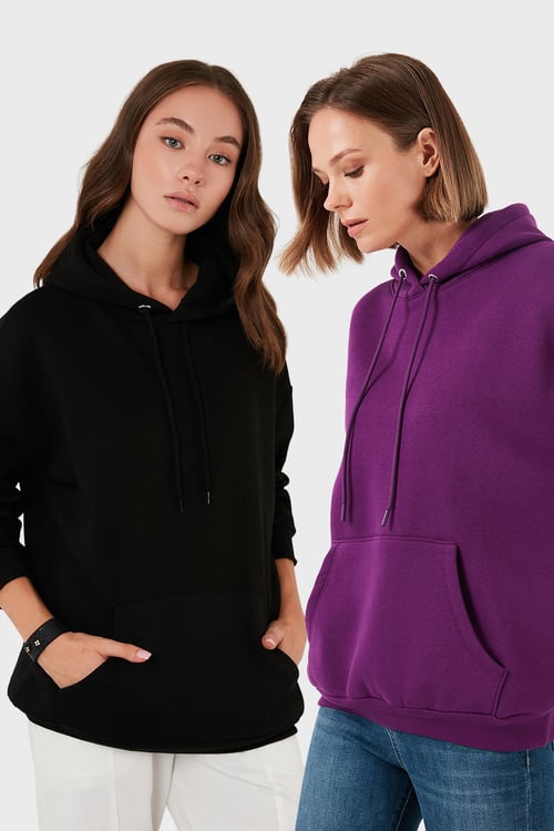 Regular Fit Pamuklu Kapüşonlu Yaka Şardonlu Kışlık 2'li Paket Kadın Sweat 5863854S2 Mor-Siyah