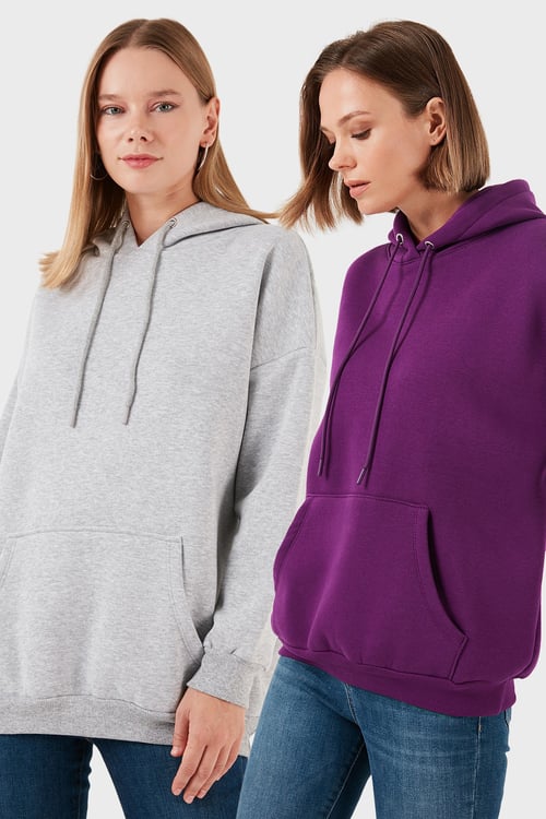 Regular Fit Pamuklu Kapüşonlu Yaka Şardonlu Kışlık 2'li Paket Kadın Sweat 5863854S2 Gri Melanj-Mor