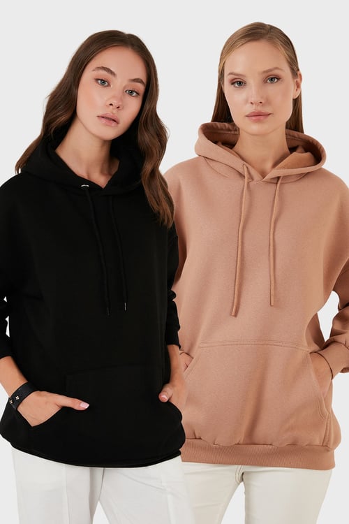 Regular Fit Pamuklu Kapüşonlu Yaka Şardonlu Kışlık 2'li Paket Kadın Sweat 5863854S2 SİYAH-BİSKÜVİ
