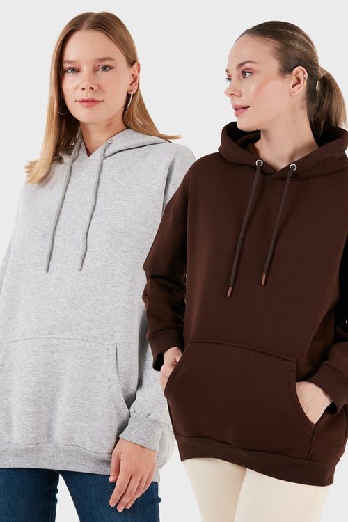 Regular Fit Pamuklu Kapüşonlu Yaka Şardonlu Kışlık 2'li Paket Kadın Sweat 5863854S2 Gri Melanj-Kahve