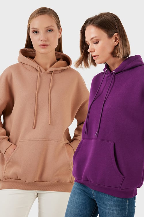 Regular Fit Pamuklu Kapüşonlu Yaka Şardonlu Kışlık 2'li Paket Kadın Sweat 5863854S2 Bisküvi-Mor