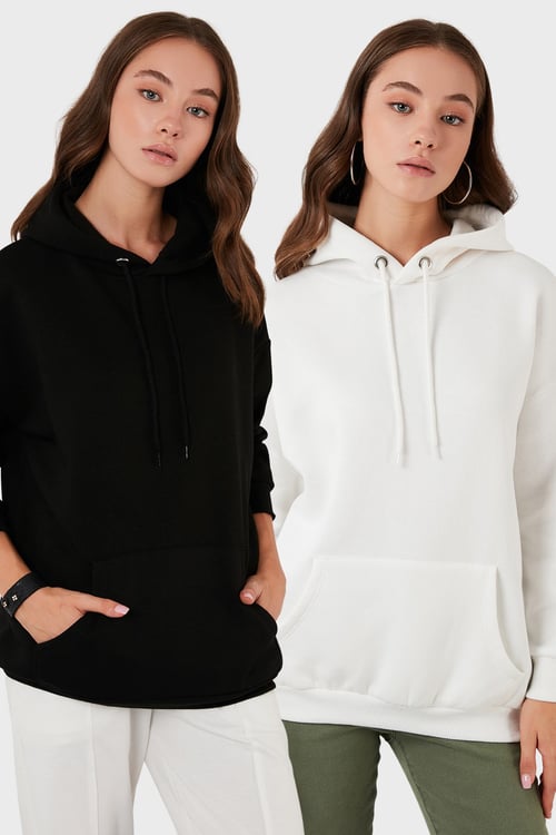 Regular Fit Pamuklu Kapüşonlu Yaka Şardonlu Kışlık 2'li Paket Kadın Sweat 5863854S2 EKRU-SİYAH