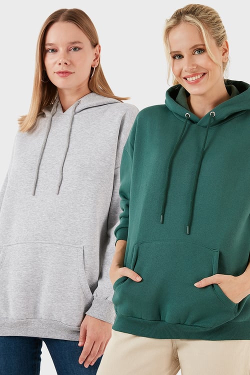 Regular Fit Pamuklu Kapüşonlu Yaka Şardonlu Kışlık 2'li Paket Kadın Sweat 5863854S2 Gri Melanj-Nefti
