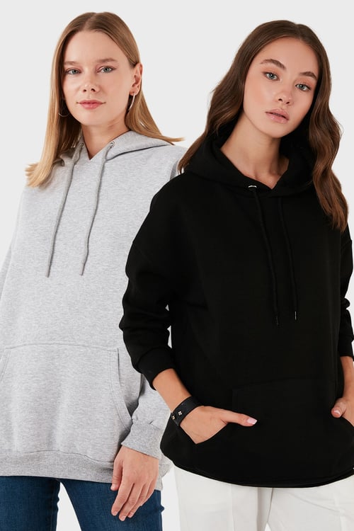 Regular Fit Pamuklu Kapüşonlu Yaka Şardonlu Kışlık 2'li Paket Kadın Sweat 5863854S2 Gri Melanj-Siyah