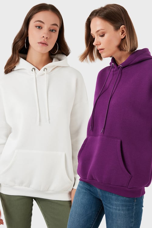 Regular Fit Pamuklu Kapüşonlu Yaka Şardonlu Kışlık 2'li Paket Kadın Sweat 5863854S2 EKRU-MOR