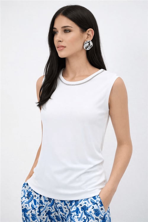 Regular Fit Taşlı Bisiklet Yaka Kadın Atlet 26Y0140K1 BEYAZ