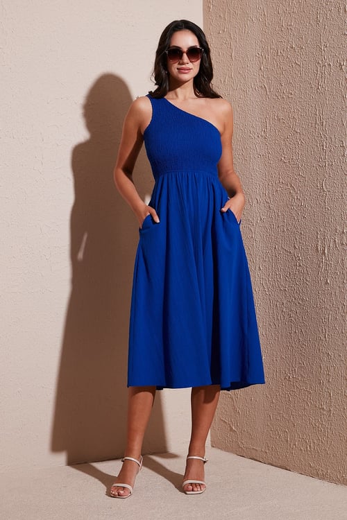 Regular Fit Tek Omuz Belden Açılan Gipeli Midi Boy Kadın Elbise 67810248 MAVİ