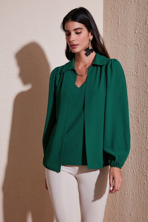 Regular Fit V Yaka Balon Kol Kadın Bluz 611BZ0353 ZÜMRÜT