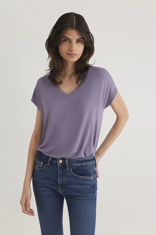 Regular Fit V Yaka Basic Kadın T Shirt 167714-70608 LİLA
