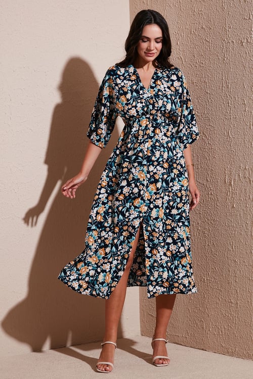 Regular Fit V Yaka Desenli Midi Boy Kadın Elbise 67810573 LACİVERT