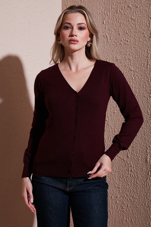 Regular Fit V Yaka Düğmeli Kadın Hırka 25K0781K1 BORDO
