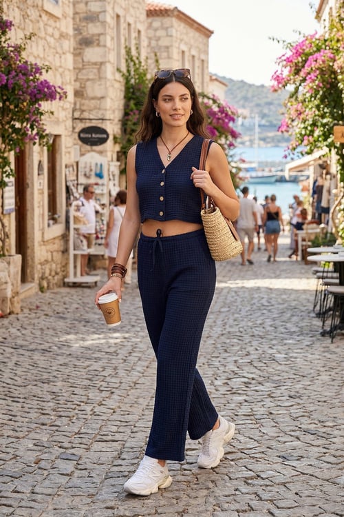 Regular Fit V Yaka Yelek-Pantolon Gofre Kadın Takım 5866484 LACİVERT