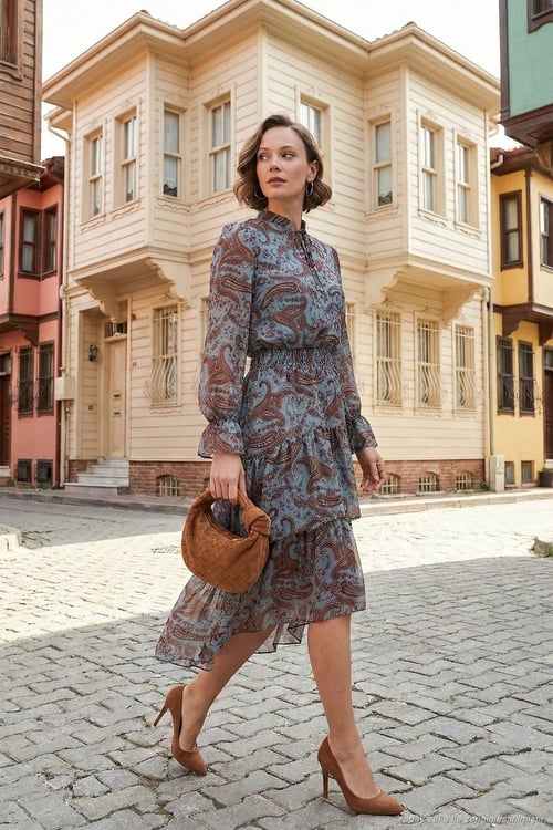 Regular Fit Yaka Detaylı Volanlı Şifon Midi Kadın Elbise 611EL1448 MAVİ