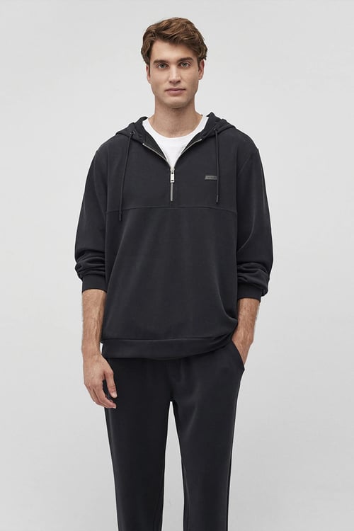 Regular Fit Yarım Fermuarlı Kapüşonlu Erkek Sweat 0S10209-71379 SİYAH