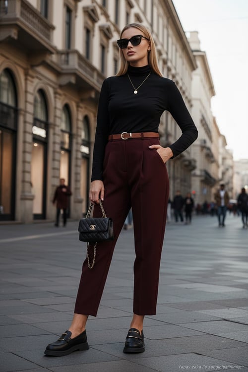 Regular Fit Yüksek Bel Düz Paça Kemerli Kadın Pantolon 68350938 MÜRDÜM