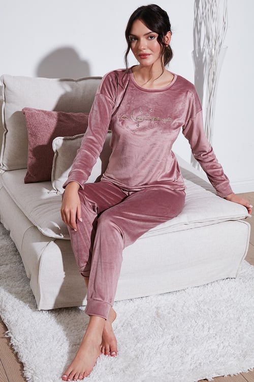Regular Fit Yumuşak Dokulu Kadife Kadın Pijama Takımı 6094200W4 PUDRA