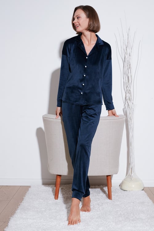 Regular Fit Yumuşak Dokulu Parlak Kadife Ribanalı Kadın Pijama Takımı 6097110 LACİVERT