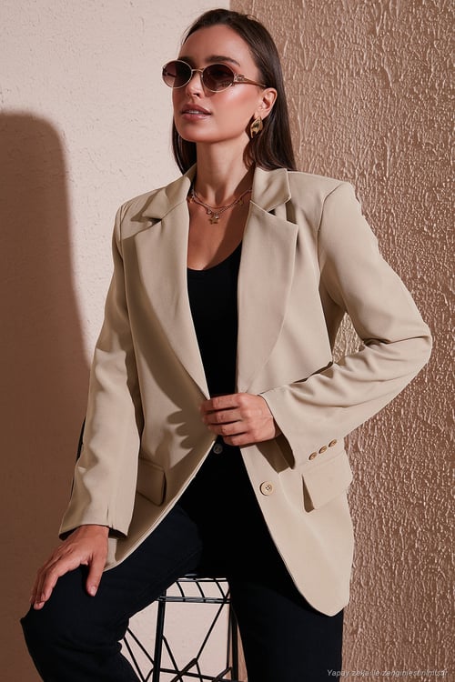 Relaxed Fit Mono Yaka Cepli Blazer Kadın Ceket 611BC00132 VİZON