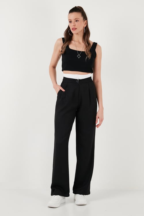 Relaxed Fit Yüksek Bel Bol Paça Kadın Pantolon 673P1012 SİYAH