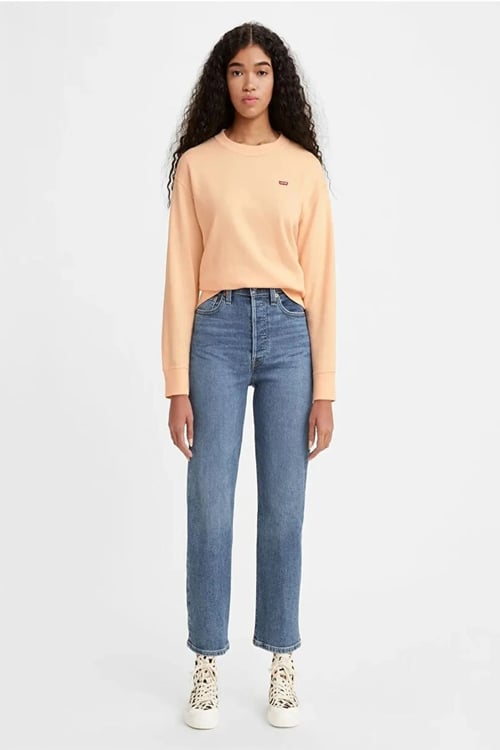 Ribcage Pamuklu Yüksek Bel Straight Fit Düz Kısa Paça Jeans Kadın Kot Pantolon A7743-0001 AÇIK MAVİ