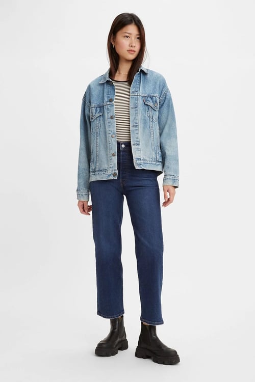 Ribcage Streç Pamuklu Straight Fit Yüksek Bel Düz Paça Jeans Kadın Kot Pantolon A7743-0003 KOYU MAVİ