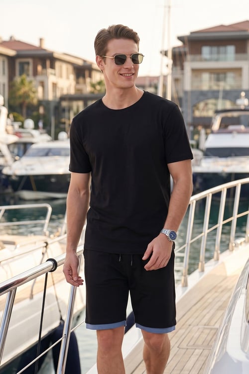 Scuba Kumaş Çift Katmanlı Paça Detaylı Bağlamalı Erkek Short 5908091 SİYAH