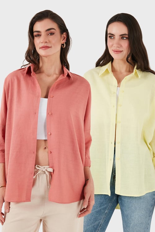 SD Luxury Pamuk Karışımlı Oversize Fit Uzun Kollu 2'li Paket Bayan Gömlek 6781001S2 Tarçın-SARI
