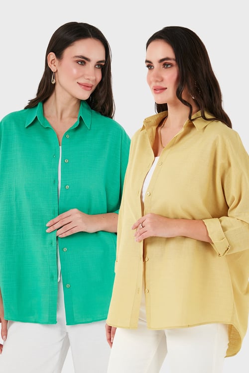 SD Luxury Pamuk Karışımlı Oversize Fit Uzun Kollu 2'li Paket Bayan Gömlek 6781001S2 HARDAL-YEŞİL