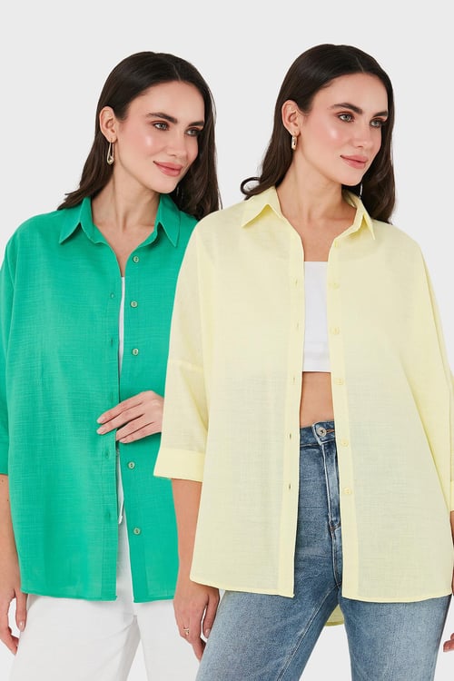 SD Luxury Pamuk Karışımlı Oversize Fit Uzun Kollu 2'li Paket Bayan Gömlek 6781001S2 SARI-YEŞİL