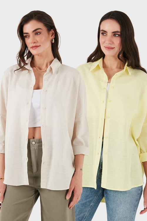 SD Luxury Pamuk Karışımlı Oversize Fit Uzun Kollu 2'li Paket Bayan Gömlek 6781001S2 BEJ-SARI