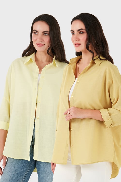 SD Luxury Pamuk Karışımlı Oversize Fit Uzun Kollu 2'li Paket Bayan Gömlek 6781001S2 SARI-HARDAL