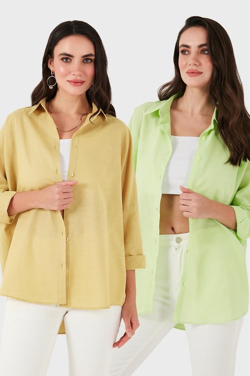 SD Luxury Pamuk Karışımlı Oversize Fit Uzun Kollu 2'li Paket Bayan Gömlek 6781001S2 FISTIK YEŞİL-HARDAL