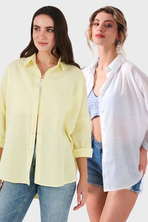 SD Luxury Pamuk Karışımlı Oversize Fit Uzun Kollu 2'li Paket Bayan Gömlek 6781001S2 BEYAZ-SARI