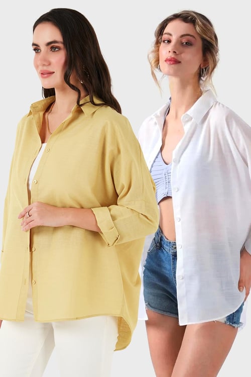 SD Luxury Pamuk Karışımlı Oversize Fit Uzun Kollu 2'li Paket Bayan Gömlek 6781001S2 BEYAZ-HARDAL