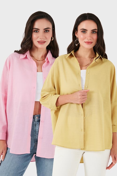 SD Luxury Pamuk Karışımlı Oversize Fit Uzun Kollu 2'li Paket Bayan Gömlek 6781001S2 PEMBE-HARDAL