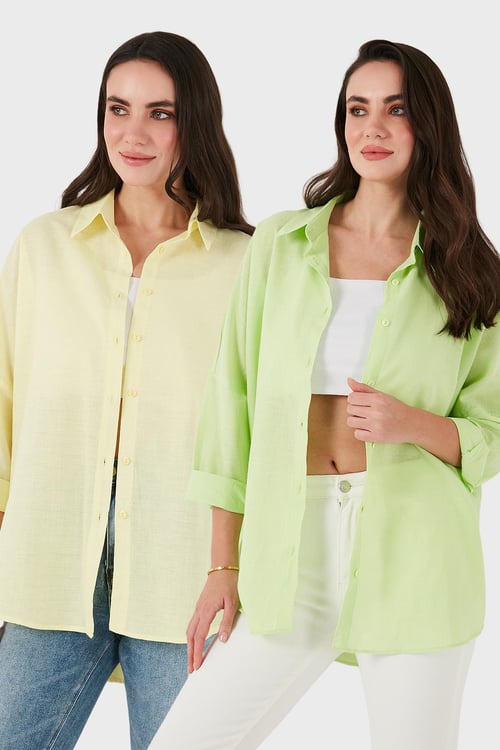 SD Luxury Pamuk Karışımlı Oversize Fit Uzun Kollu 2'li Paket Bayan Gömlek 6781001S2 FISTIK YEŞİL-SARI