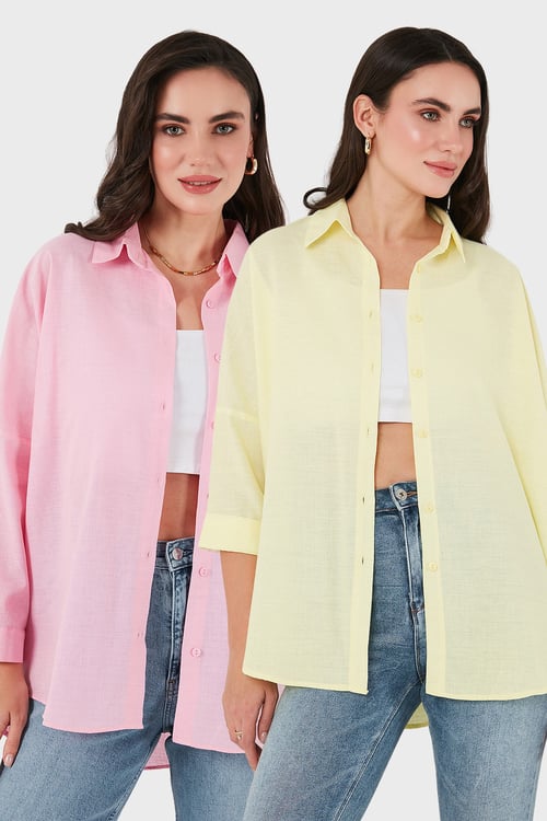 SD Luxury Pamuk Karışımlı Oversize Fit Uzun Kollu 2'li Paket Bayan Gömlek 6781001S2 PEMBE-SARI